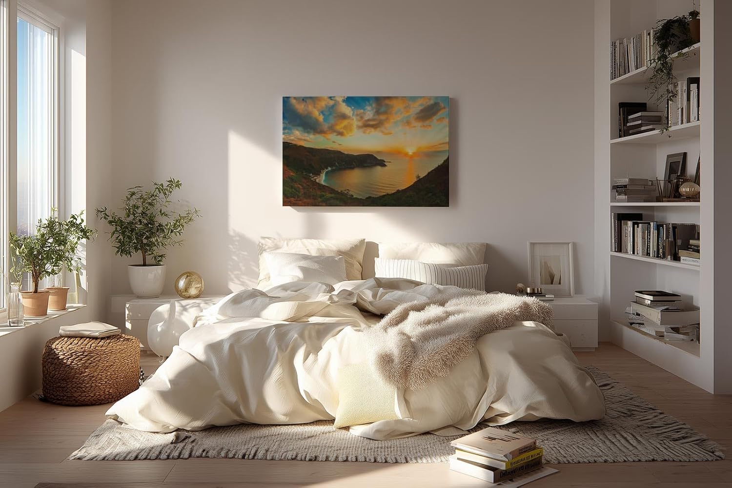 Sinus Art Wandbild 120x80cm Atemberaubender Sonnenuntergang über Küstenlinie mit weichem Farbverlauf