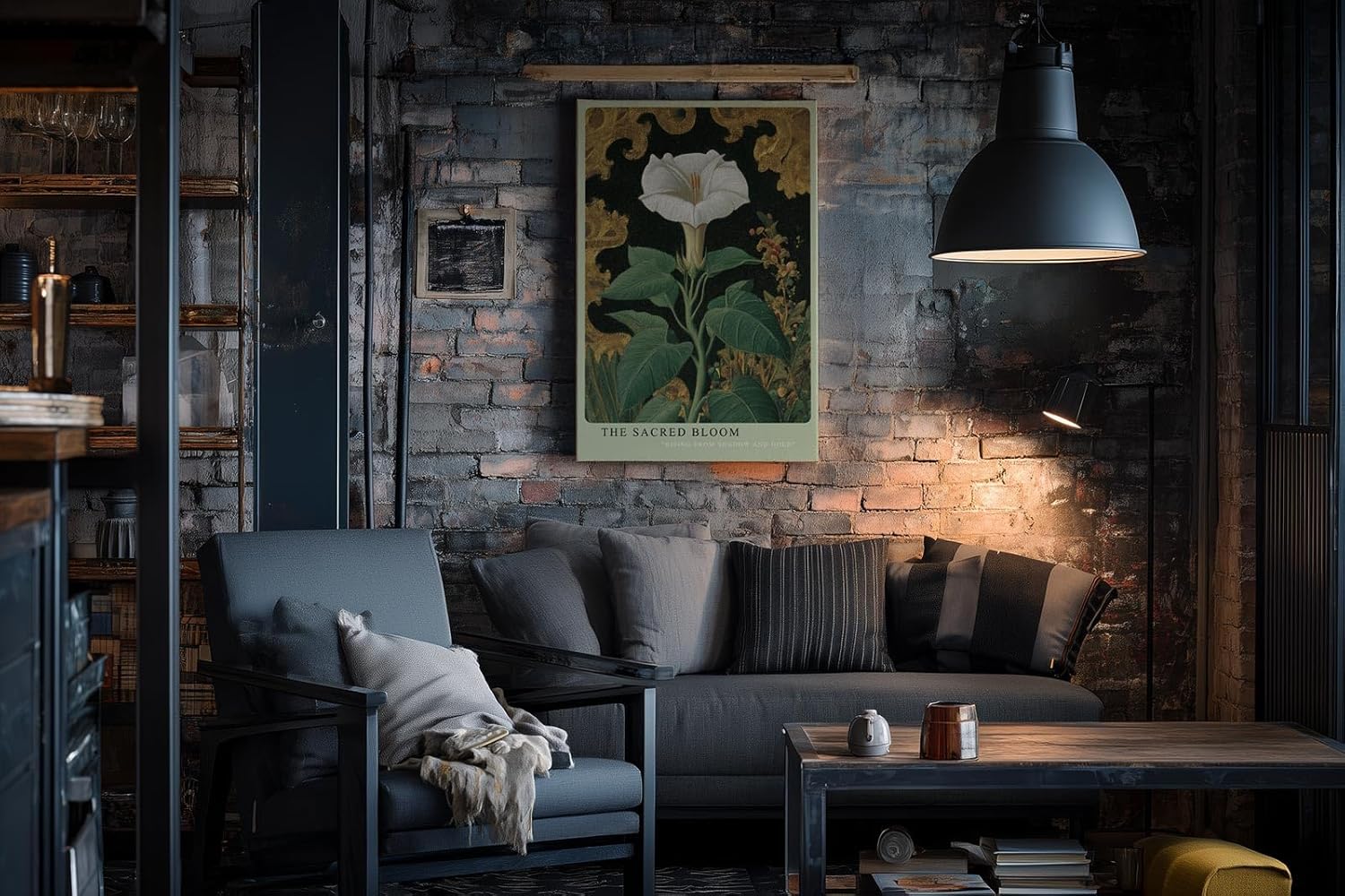 Paul Sinus Wandbild in 40x60cm The Sacred Bloom Botanische Darstellung einer weißen Blüte mit grünen Blättern vor golden verziertem Hintergrund