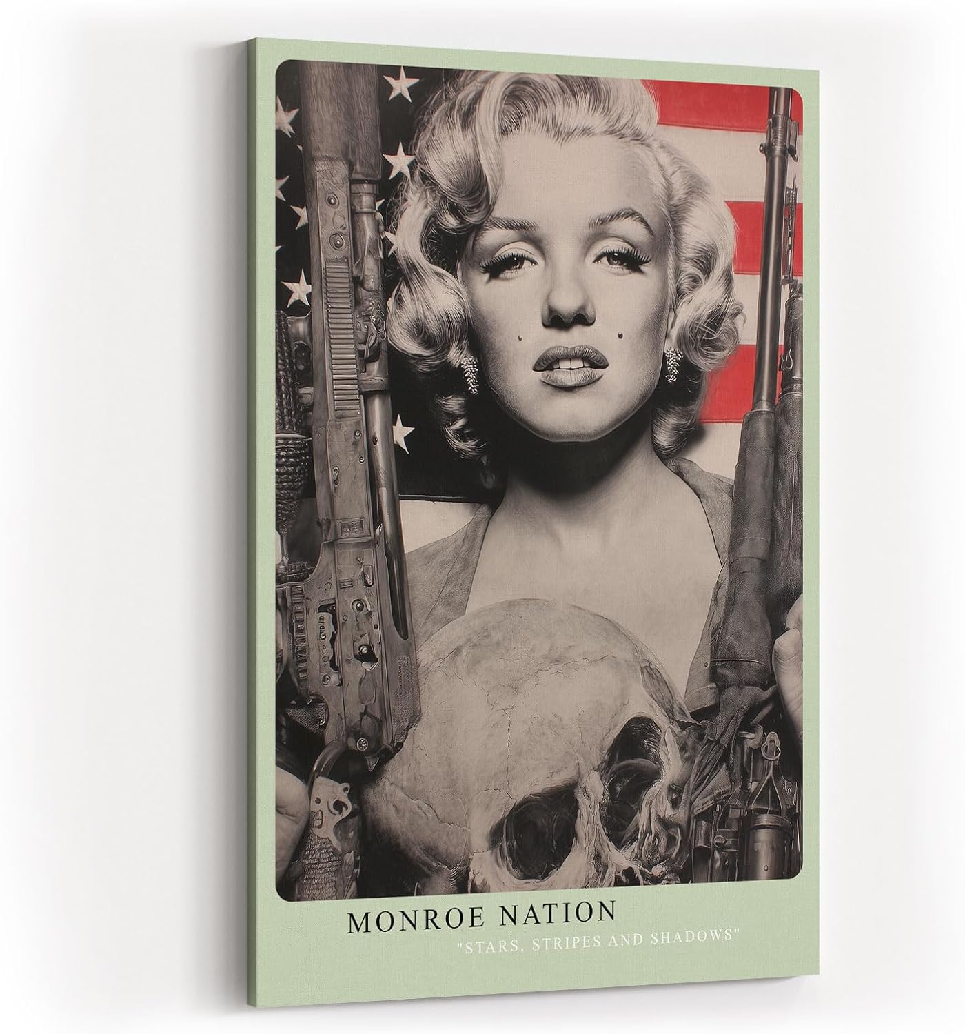 Paul Sinus Wandbild in 40x60cm Marilyn Monroe mit Gewehren in Schwarz-Weiß vor US-Flagge – ausdrucksstarkes Pop-Art-Porträt