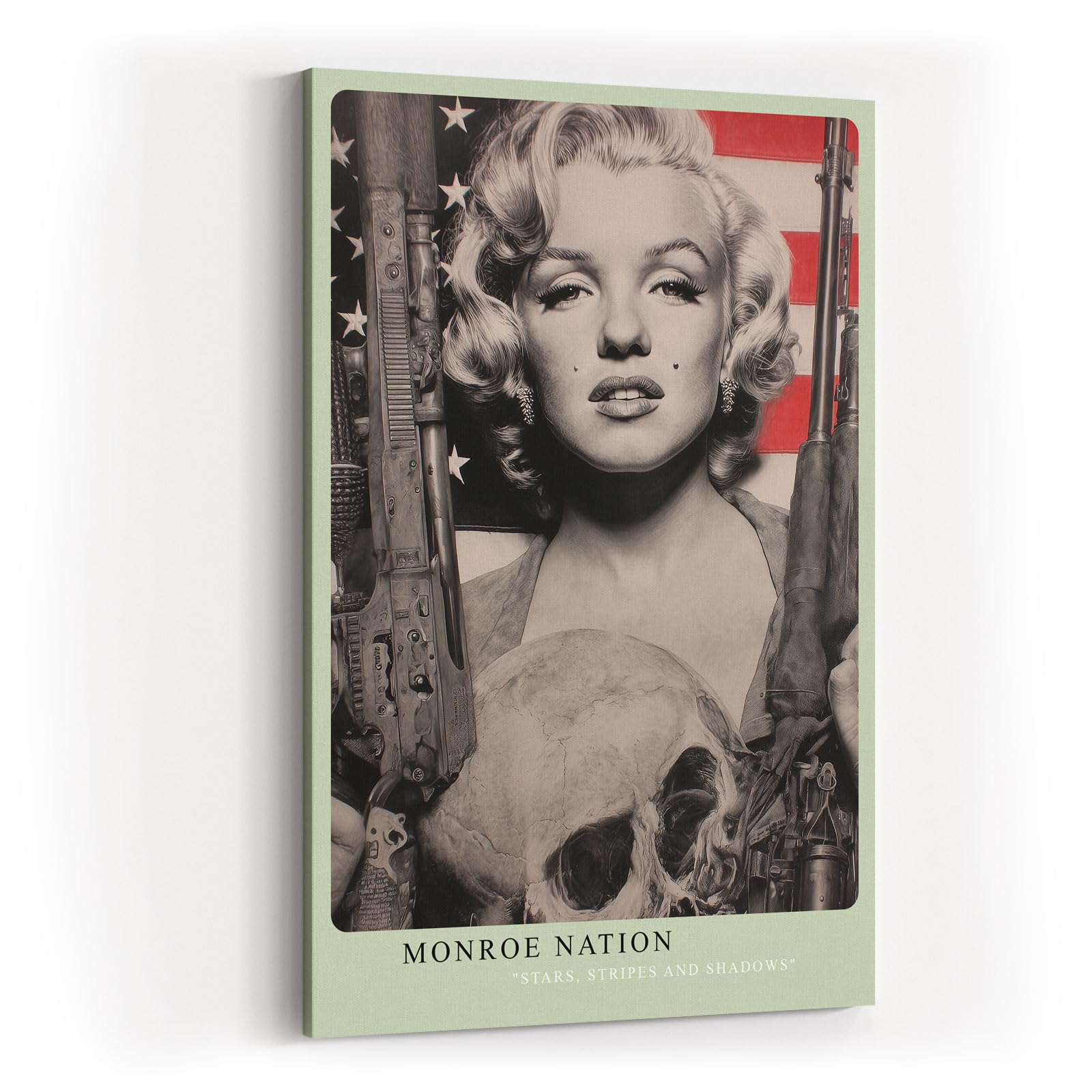 Paul Sinus Wandbild in 40x60cm Marilyn Monroe mit Gewehren in Schwarz-Weiß vor US-Flagge – ausdrucksstarkes Pop-Art-Porträt