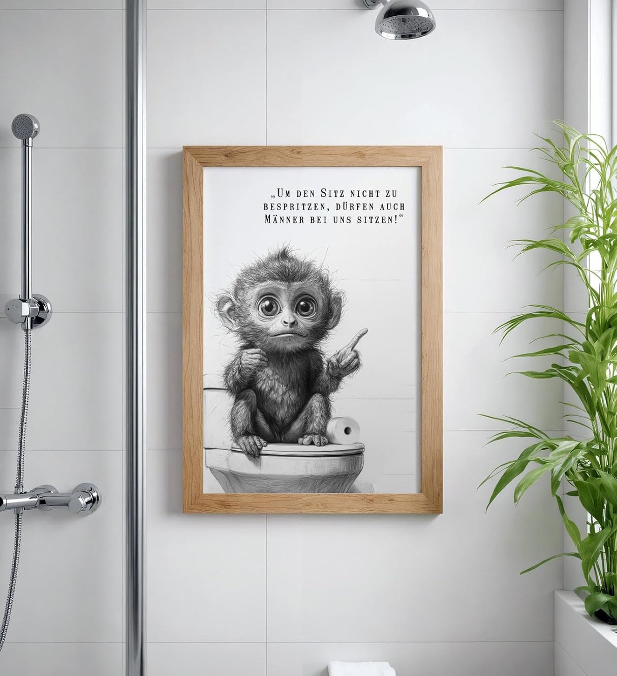Paul Sinus Poster/Leinwandbild/Rahmenoption – Belehrender Affe auf Toilette „Männer dürfen sitzen!“ – Lustige WC-Deko für dein Badezimmer
