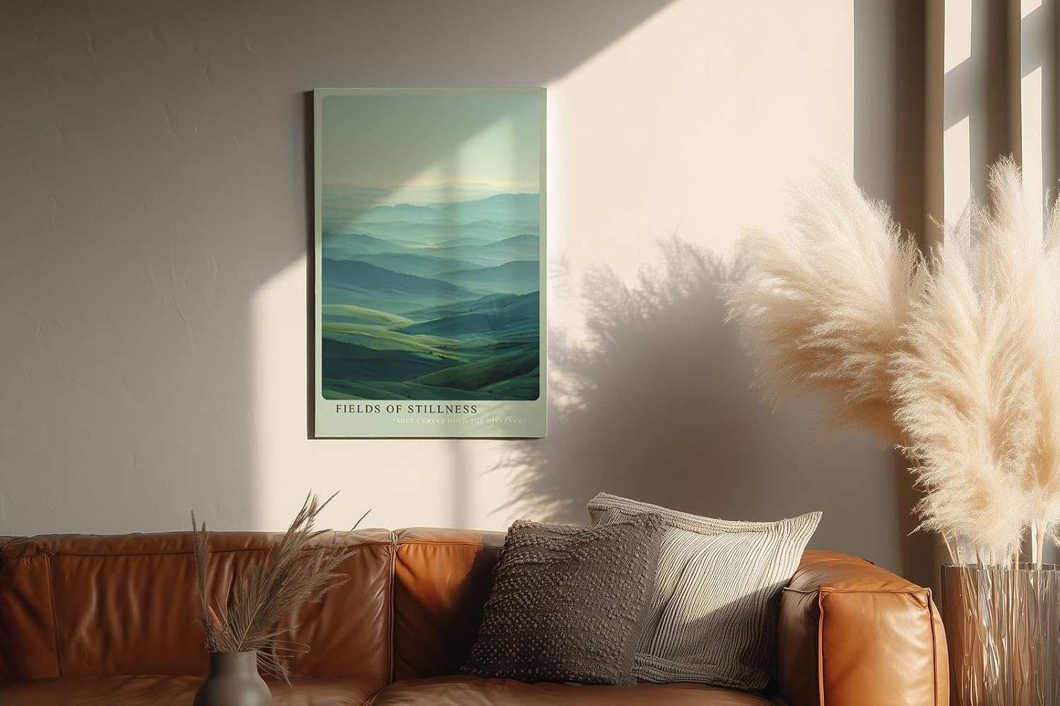 Paul Sinus Wandbild in 40x60cm Fields of Stillness – beruhigende Hügellandschaft in zarten Grünund Blautönen für harmonische Raumgestaltung