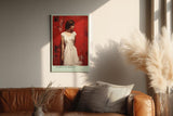 Paul Sinus Wandbild in 40x60cm Frau in weißem Kleid vor roter Wand – modernes Porträt mit ausdrucksstarker Komposition