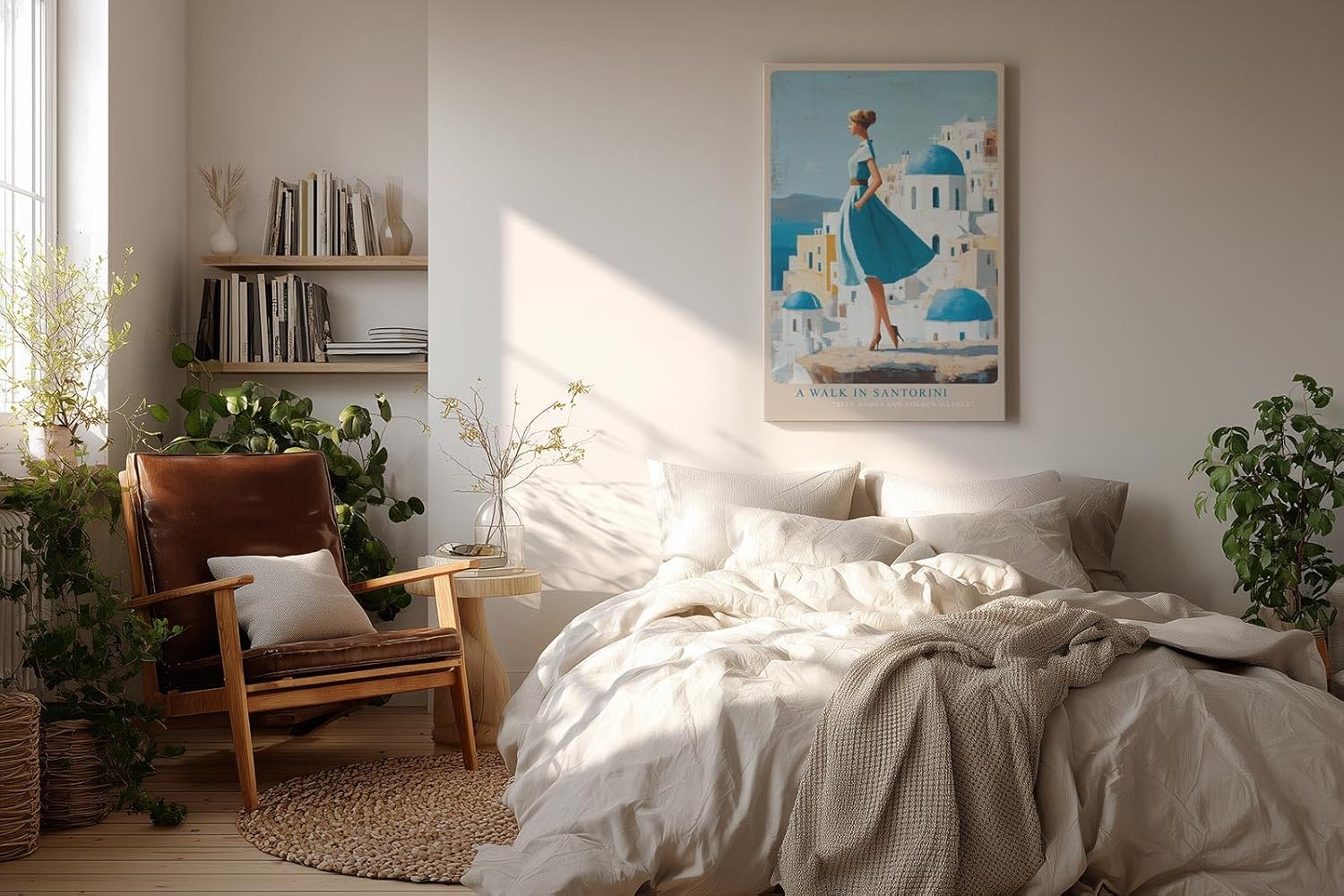 Paul Sinus Wandbild in 40x60cm A Walk in Santorini – Frau im blauen Kleid vor weißen Häusern und blauen Kuppeln, mediterrane Idylle