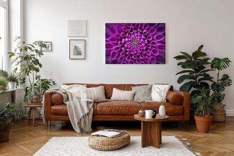 Sinus Art Wandbild 120x80cm Symmetrische Blütenarchitektur in kräftigem Violett mit ausdrucksstarker Mitte