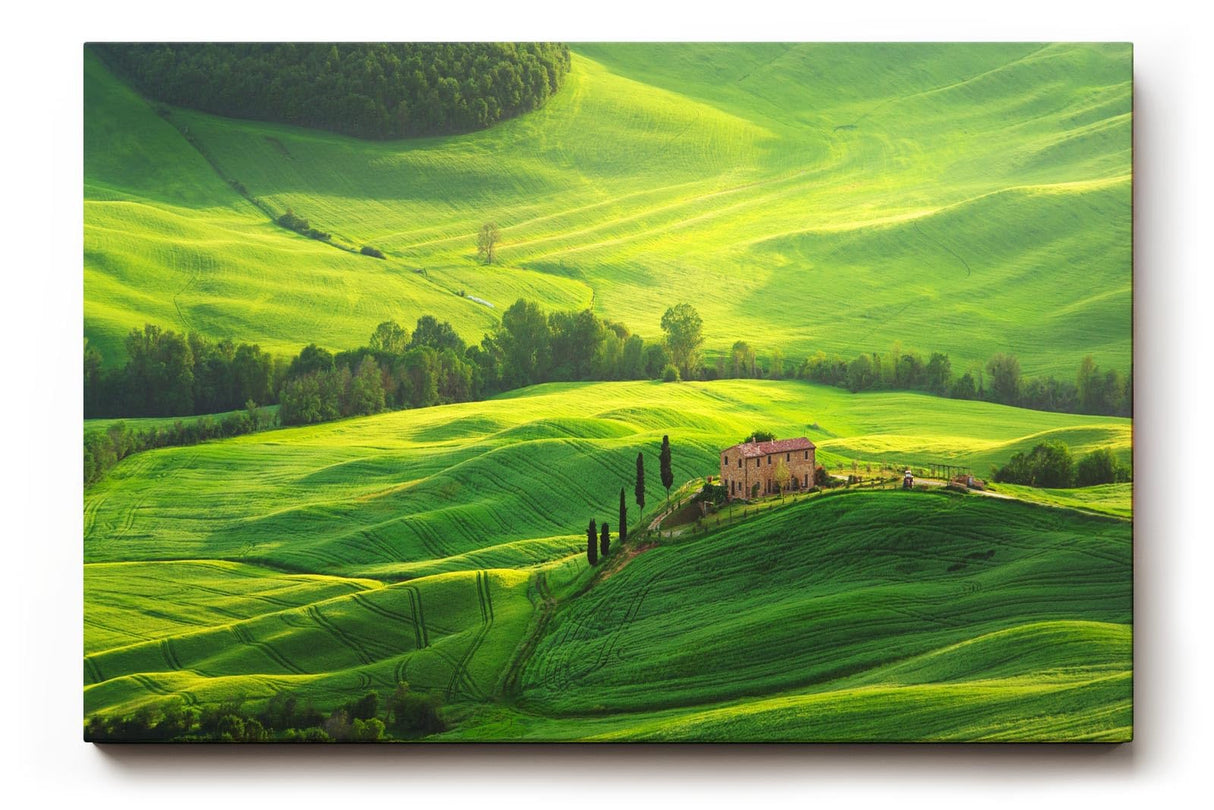 Sinus Art Wandbild 120x80cm Atemberaubende Landschaft der Toskana mit sanften Hügeln und typisch italienischer Architektur