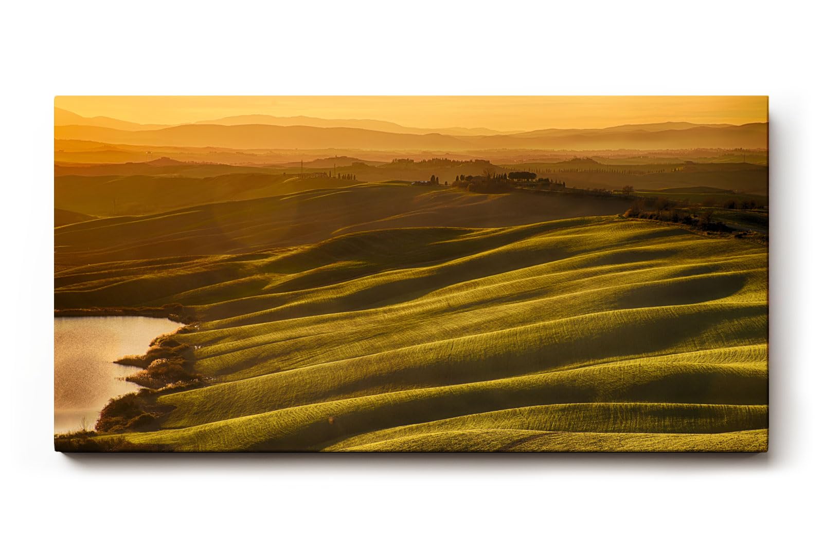 Sinus Art Wandbild 120x80cm Wellenartige Hügel im goldenen Licht der untergehenden Sonne mit weitem Horizont