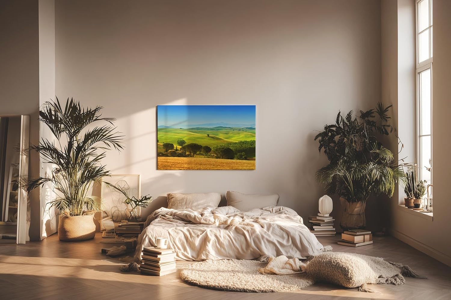 Sinus Art Wandbild 120x80cm Sanfte Hügel der Toskana mit Zypressen und Feldern unter strahlend blauem Himmel