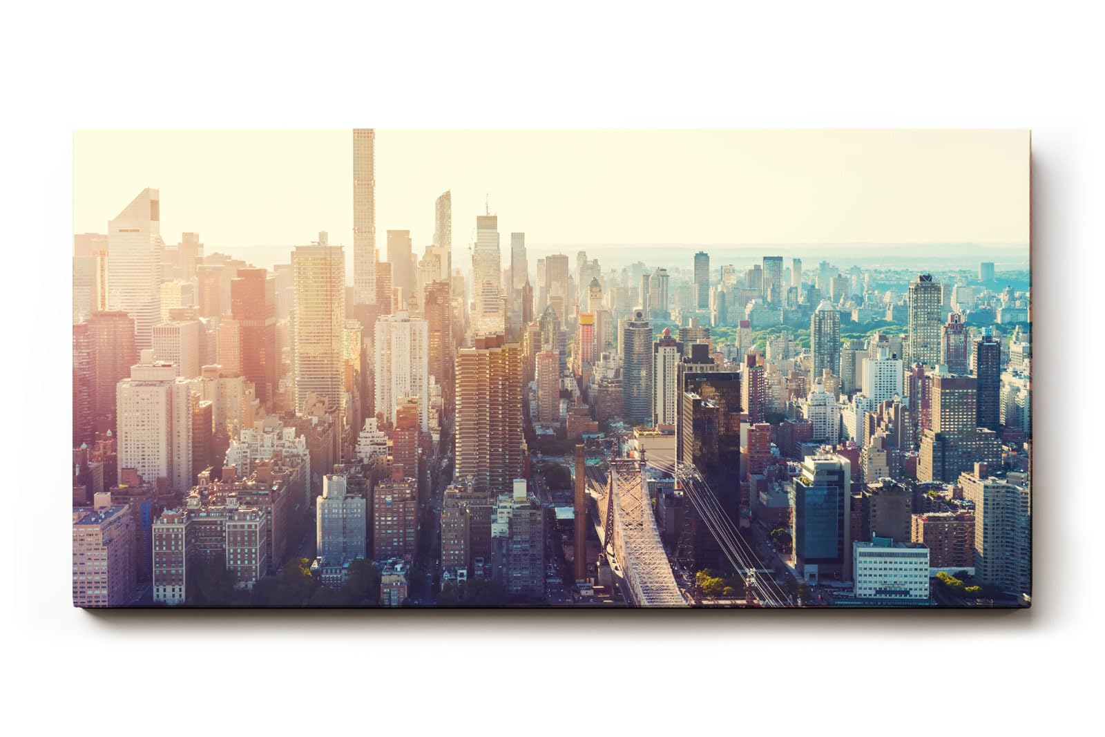 Sinus Art Wandbild 120x80cm Stimmungsvolle Stadtsilhouette mit Brooklyn Bridge und Sonnenlicht über Manhattan