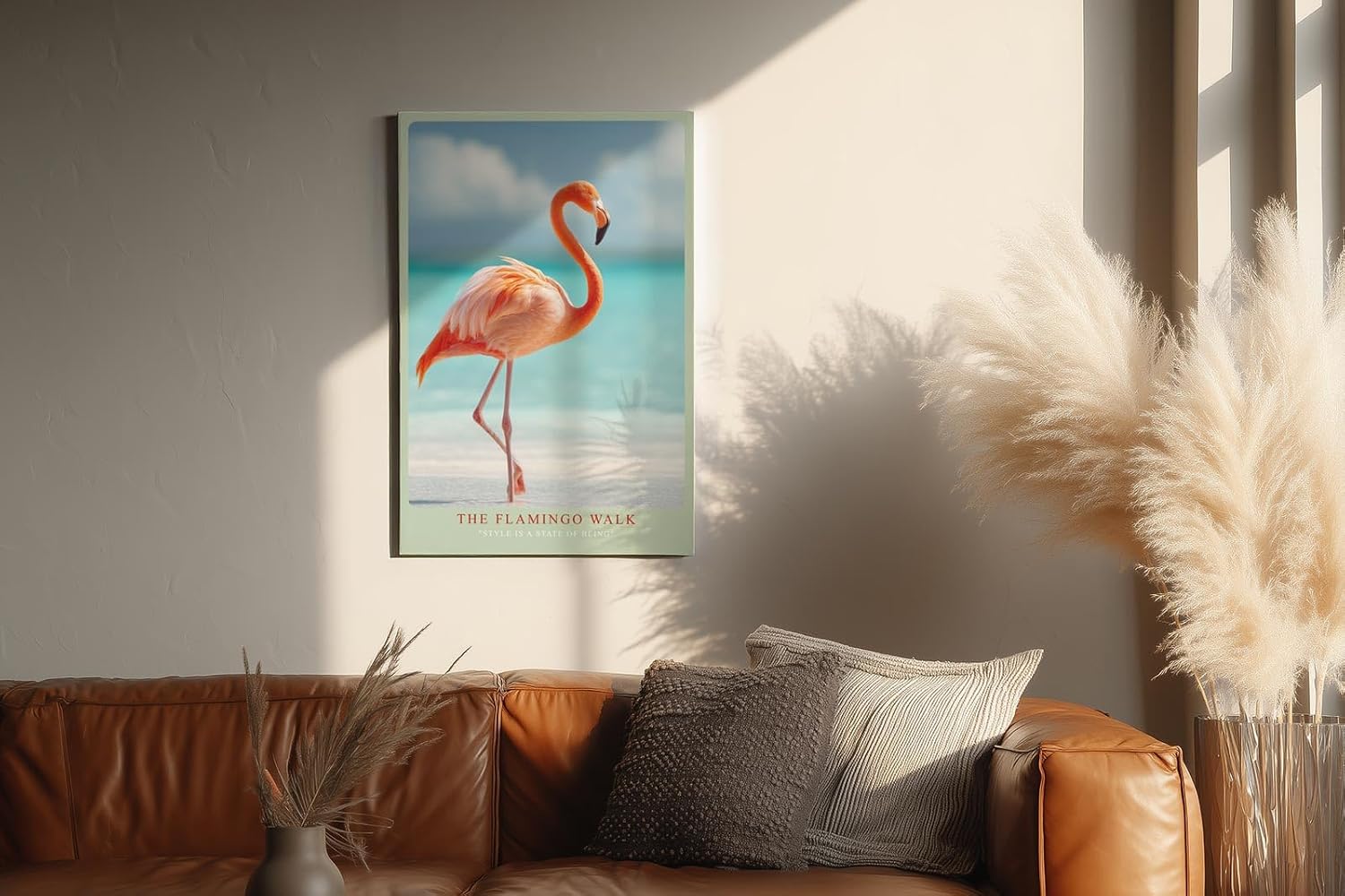 Paul Sinus Wandbild in 40x60cm The Flamingo Walk Eleganter Flamingo am Strand mit türkisfarbenem Meer im Hintergrund für stilvolle Raumgestaltung
