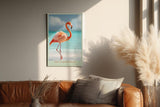 Paul Sinus Wandbild in 40x60cm The Flamingo Walk Eleganter Flamingo am Strand mit türkisfarbenem Meer im Hintergrund für stilvolle Raumgestaltung