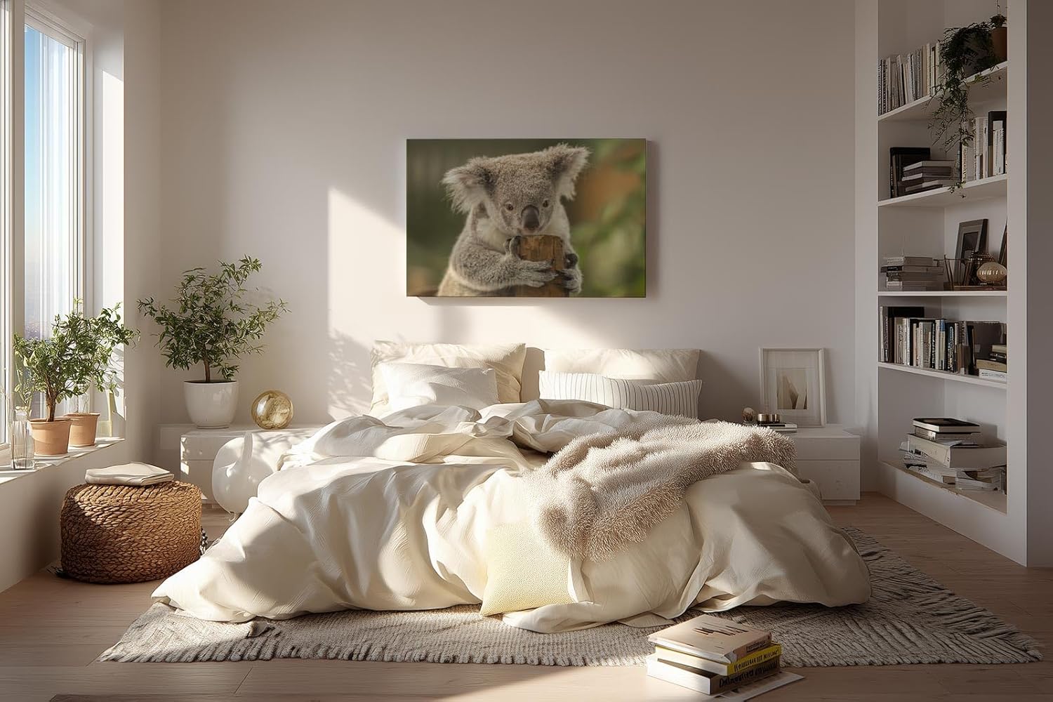 Sinus Art Wandbild 120x80cm Liebevolle Tieraufnahme mit Koala in natürlicher Pose vor ruhiger Kulisse