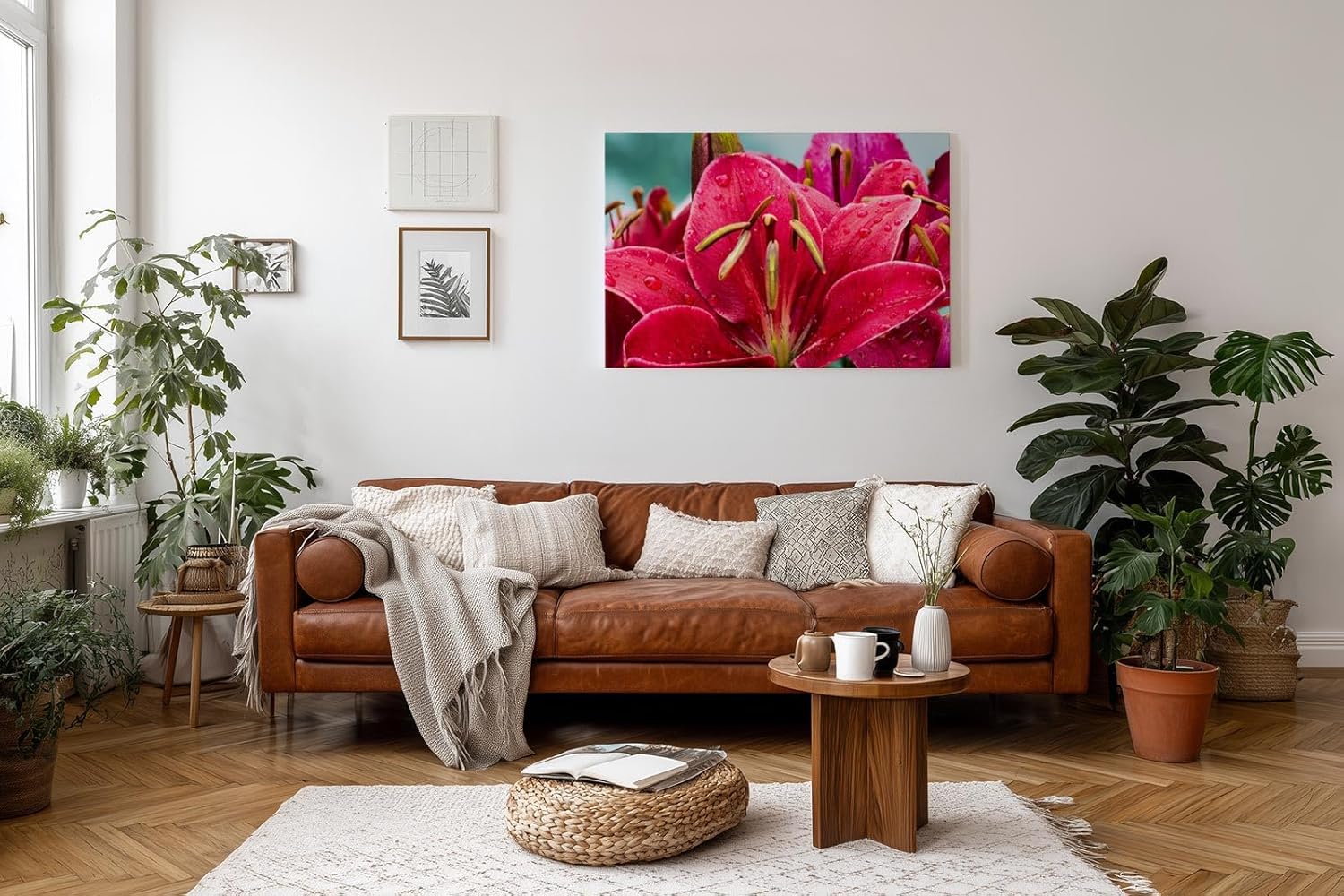 Sinus Art Wandbild 120x80cm Faszinierende Makroaufnahme einer roten Lilie mit feinen Regentropfen