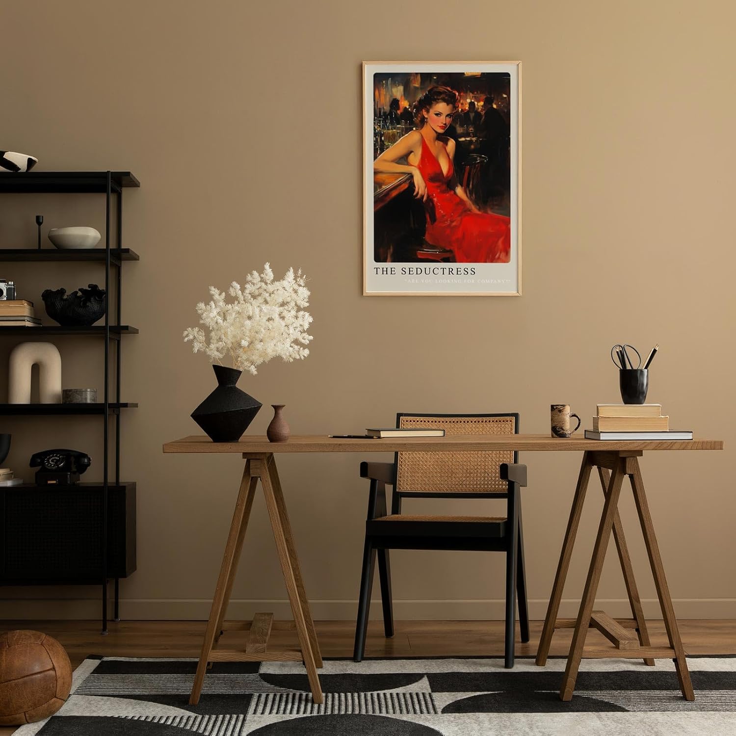 Paul Sinus Leinwandbild 40x60cm The Seductress – Frau, Rot, Eleganz, Leidenschaft, Vintage, Verführung, Sinnlichkeit, Bar, Nachtleben, Glamour