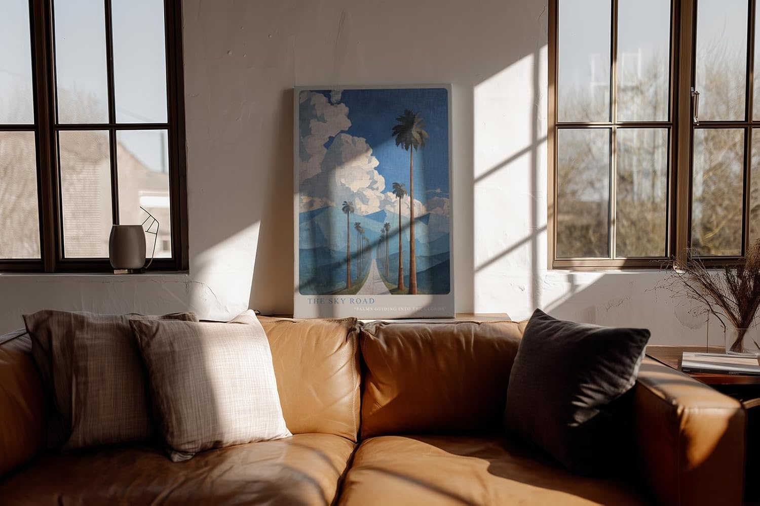 Paul Sinus Wandbild in 40x60cm The Sky Road mit Palmenallee und dramatischem Wolkenhimmel vor blauen Bergen für eindrucksvolle Wandgestaltung