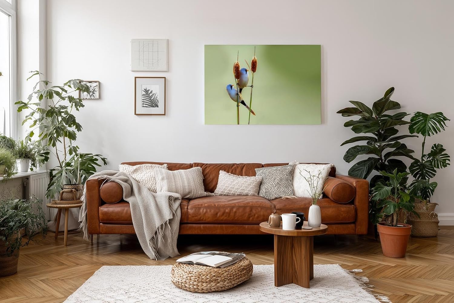 Sinus Art Wandbild 120x80cm Zwei Bartmeisen auf Schilfrohren – ruhige Komposition mit hohem ästhetischen Wert