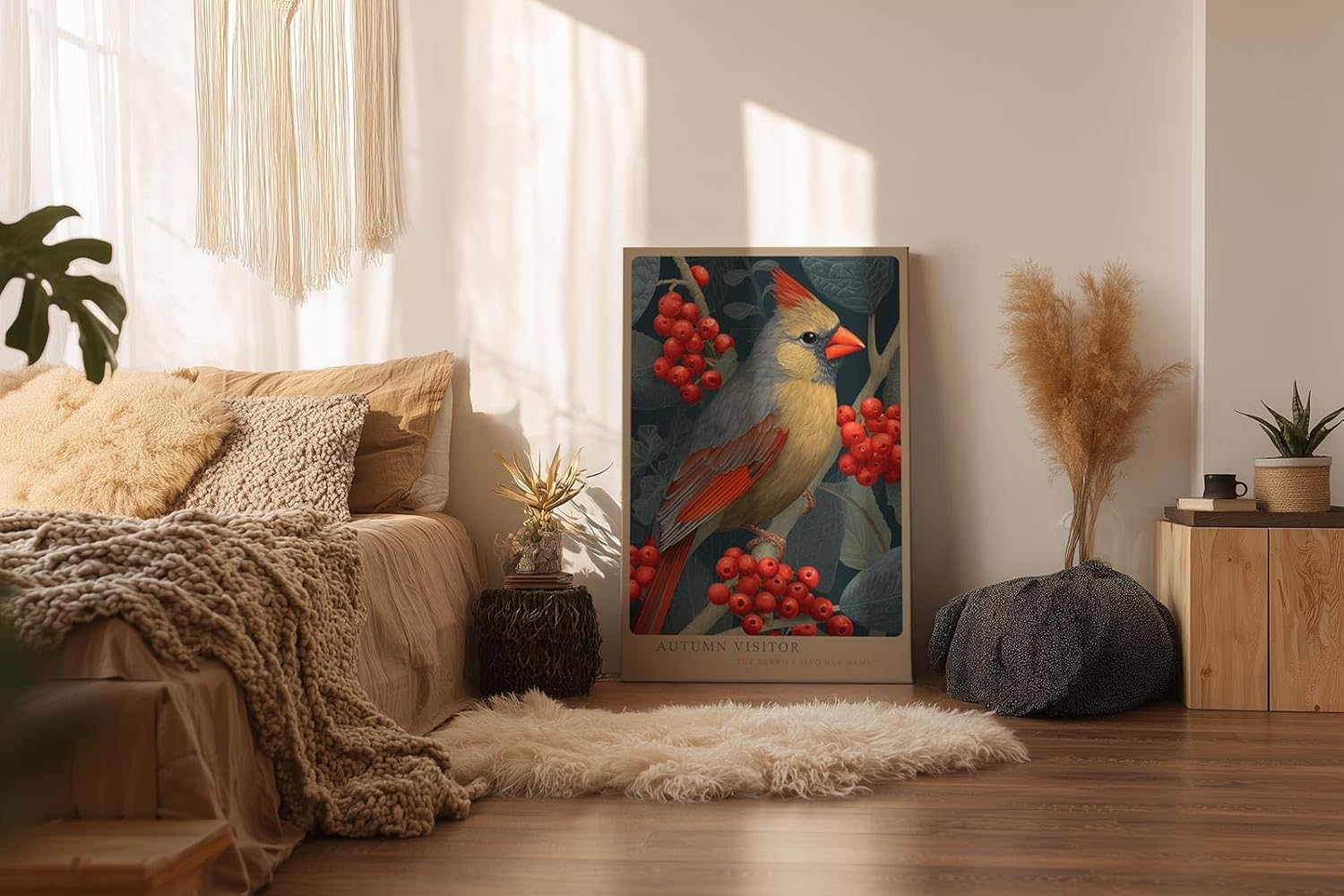 Paul Sinus Wandbild in 40x60cm Autumn Visitor – Detailreiche Darstellung eines farbenprächtigen Vogels zwischen leuchtend roten Beerenzweigen