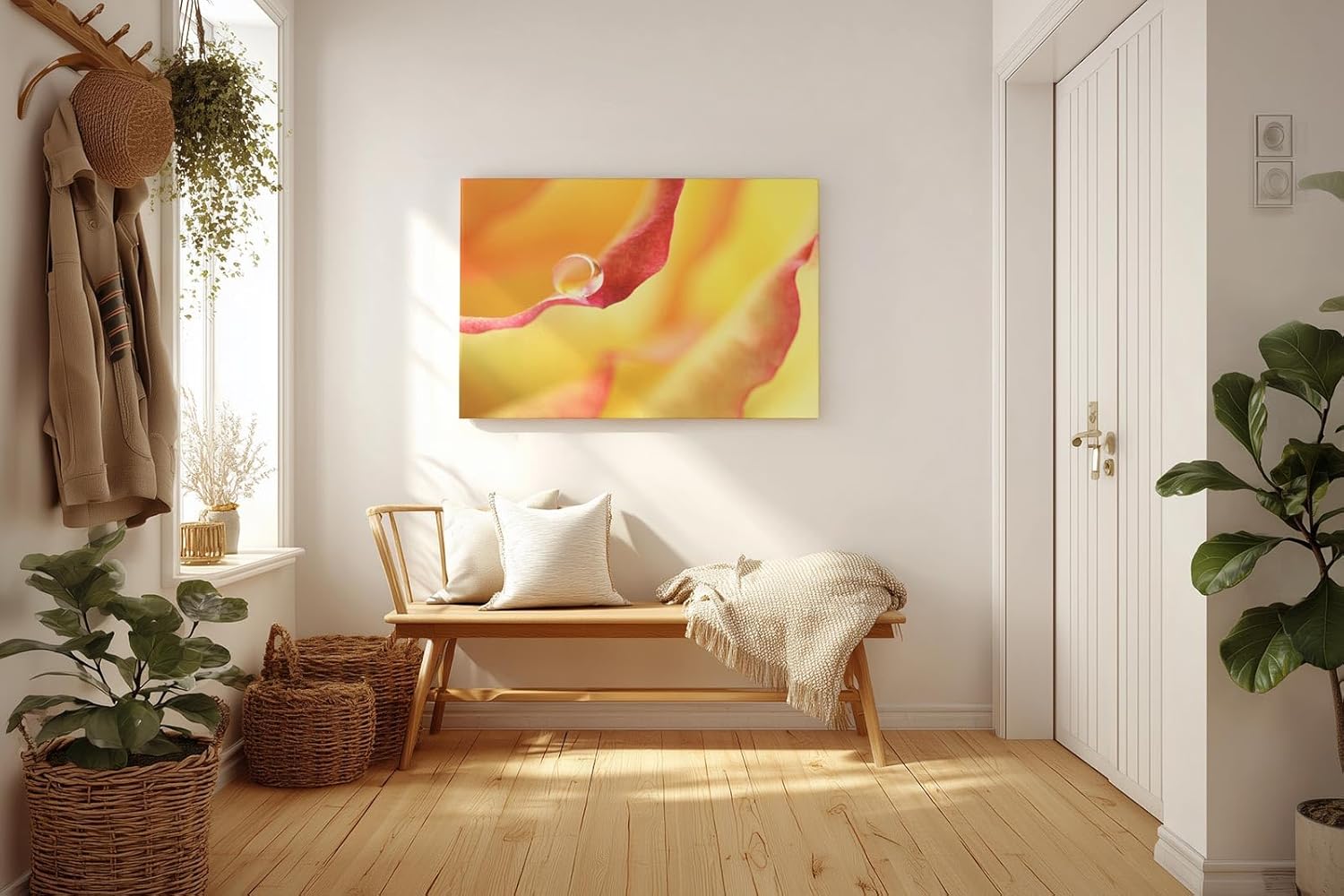 Sinus Art Wandbild 120x80cm Wassertropfen auf rotem Blütenrand – poetisches Motiv mit emotionaler Tiefe