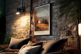 Paul Sinus Kunstdruck 40x60cm Autumn Cabin – Weißes Haus in herbstlicher Landschaft mit goldroten Wäldern und weiter Aussicht