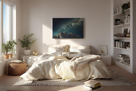 Sinus Art Wandbild 120x80cm Sternenreiche Milchstraße über schroffer Gebirgslandschaft in dunklem Farbspektrum