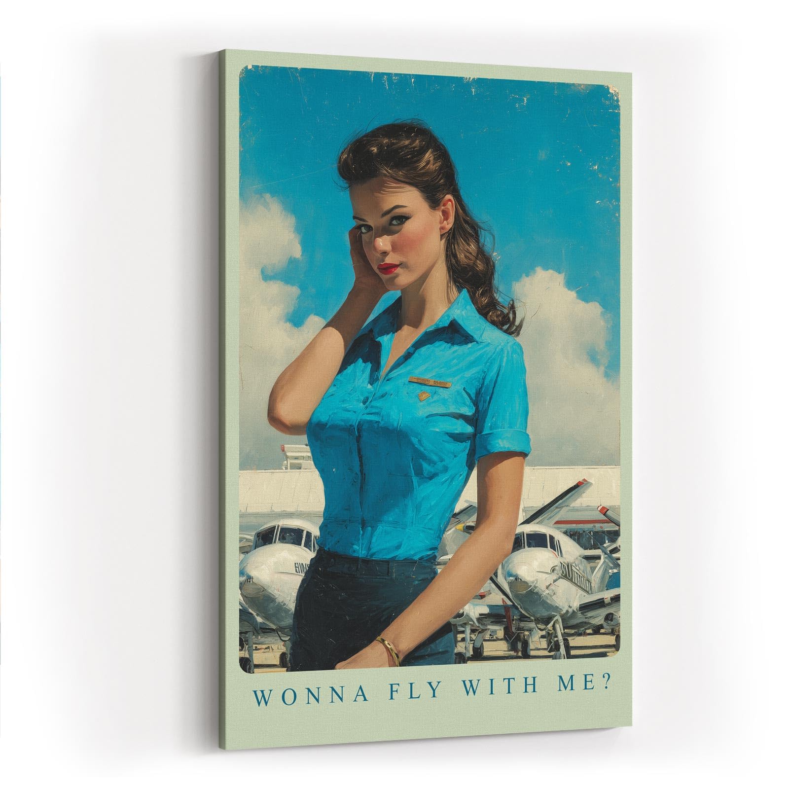 Paul Sinus Wandbild in 40x60cm Wonna Fly With Me mit charmanter Frau im Retro-Stil vor kleinen Flugzeugen für stilvolle Wandgestaltung