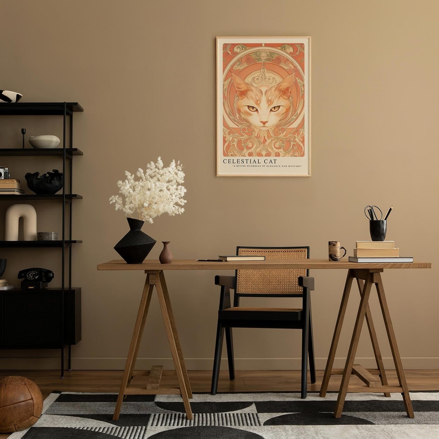 Paul Sinus Leinwandbild 60x90cm kunstvolle Darstellung einer mystischen Katze mit ornamentalen Verzierungen, harmonische Wandkunst in warmen Erdtönen