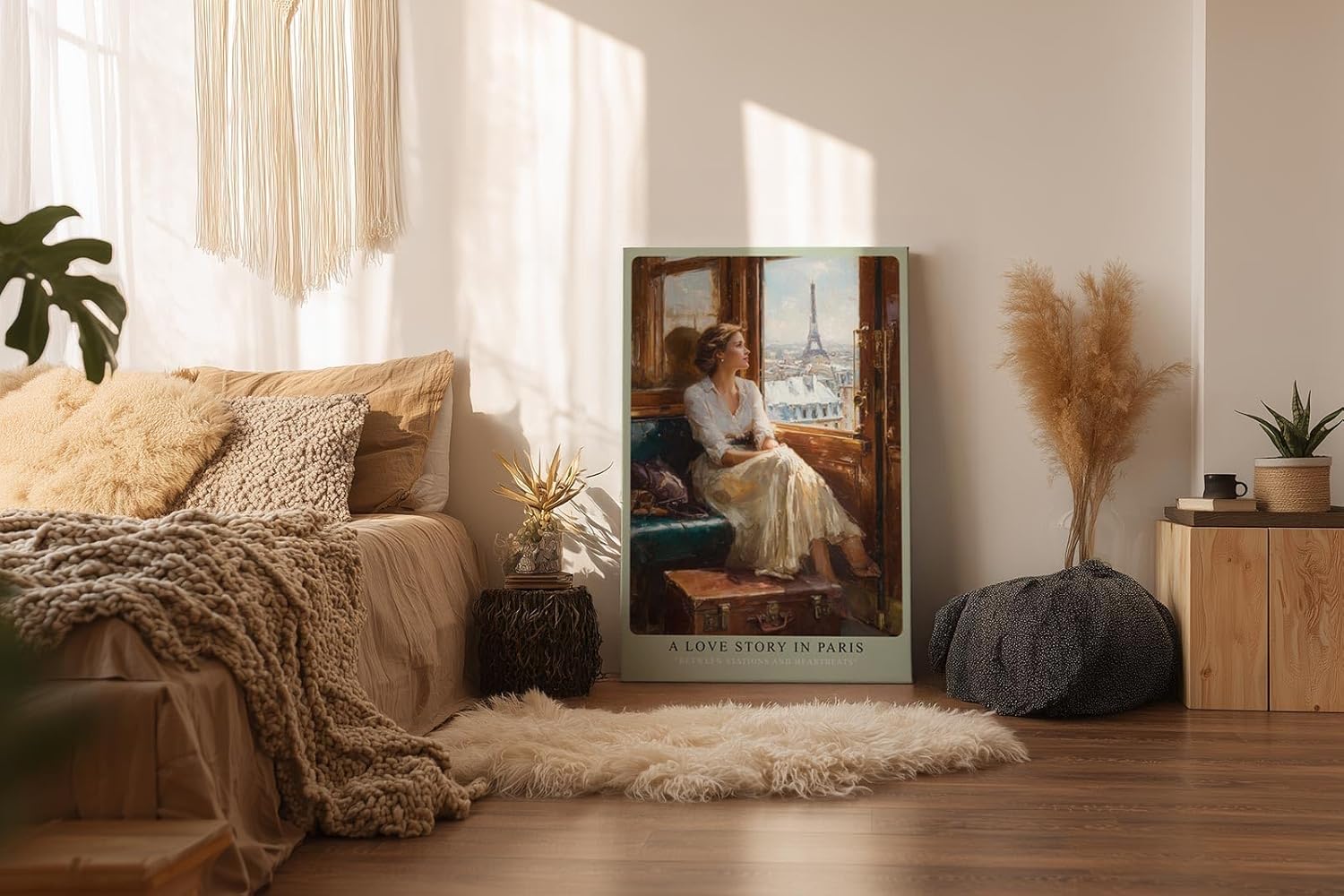 Paul Sinus Wandbild in 40x60cm A Love Story in Paris – Romantische Bahnszene mit Blick auf den Eiffelturm, elegante Frau am Zugfenster, nostalgische Stadtkunst