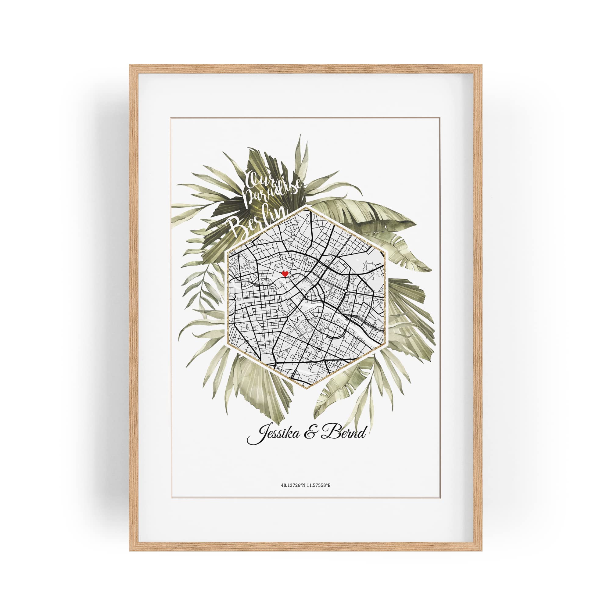 Paul Sinus Gerahmtes Wandbild Map mit deinen GPS Koordinaten und Namen. 30cm x 42cm Rahmen mit Stadtkarte selbstgestaltet. Ganz individuell. (ohne Rahmen)