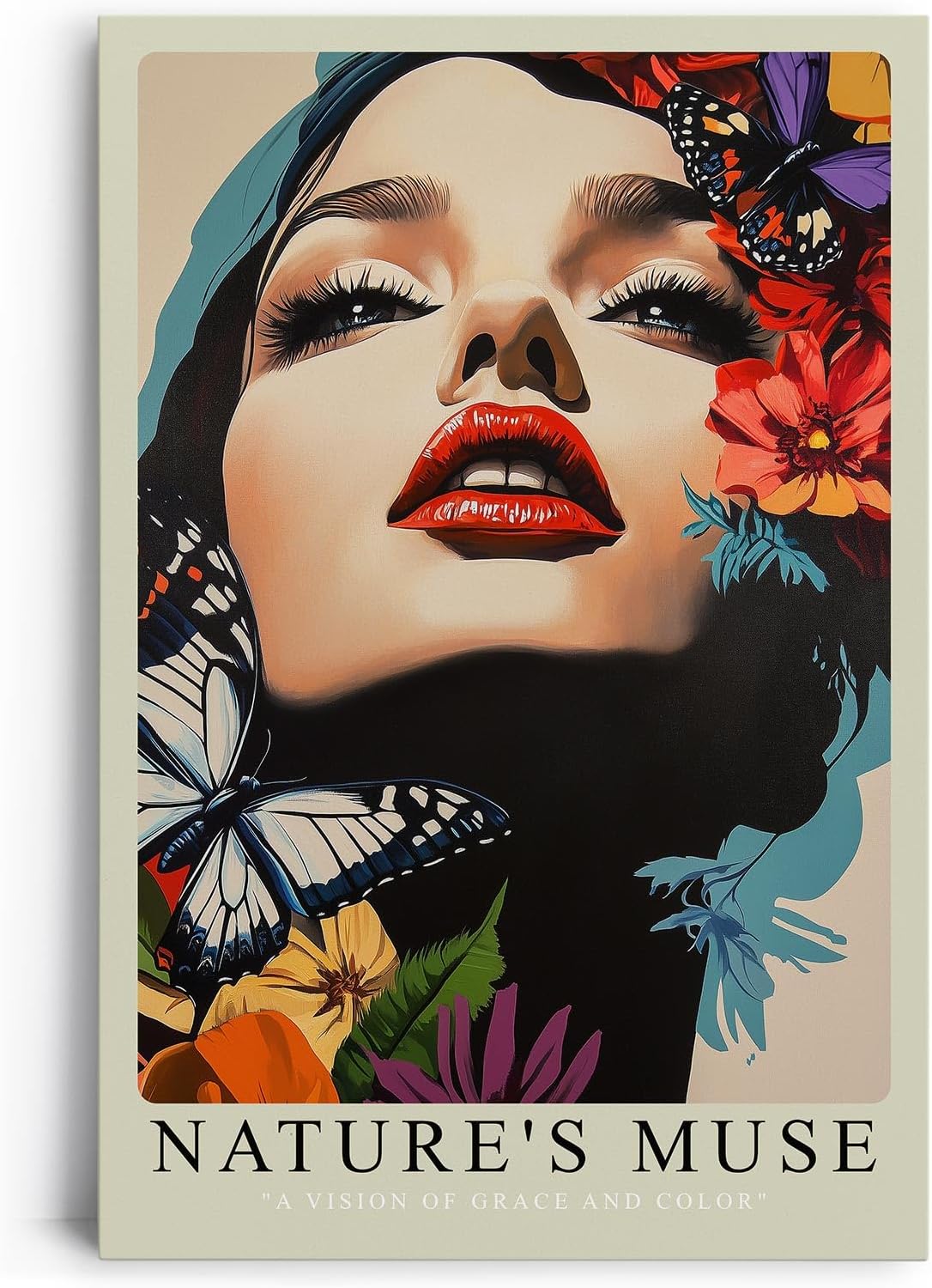 Paul Sinus Leinwandbild 40x60cm Leinwandbild Natur-Muse – Ausdrucksstarkes Porträt mit floralen Akzenten und Schmetterlingen, harmonische Farbkombination