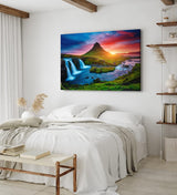Paul Sinus Wandbild 120x80cm Island Landschaft Berg Wasserfall Grün Sonnenuntergang