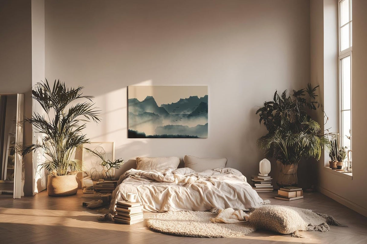 Sinus Art Wandbild 120x80cm Faszinierende Bergsilhouetten im Nebel mit dynamischem Vogelschwarm erzeugen eine ruhige und kraftvolle Atmosphäre