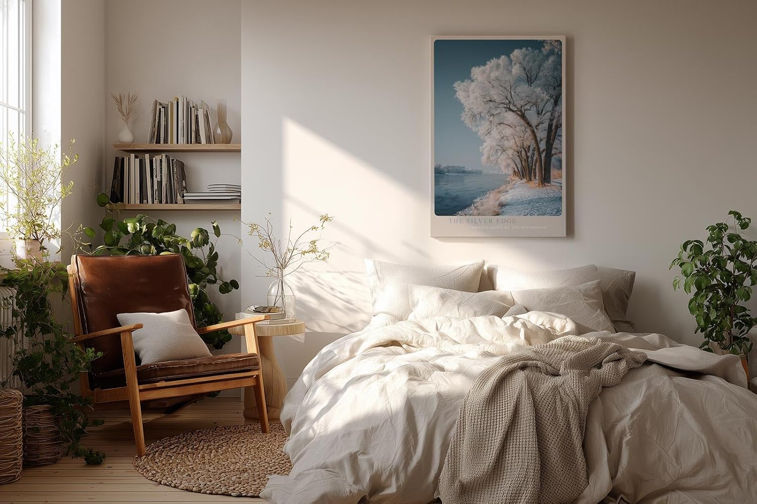 Paul Sinus Wandbild in 40x60cm The Silver Edge – Winterliche Flusslandschaft mit schneebedeckten Bäumen, elegante Naturdarstellung in kühlen Tönen