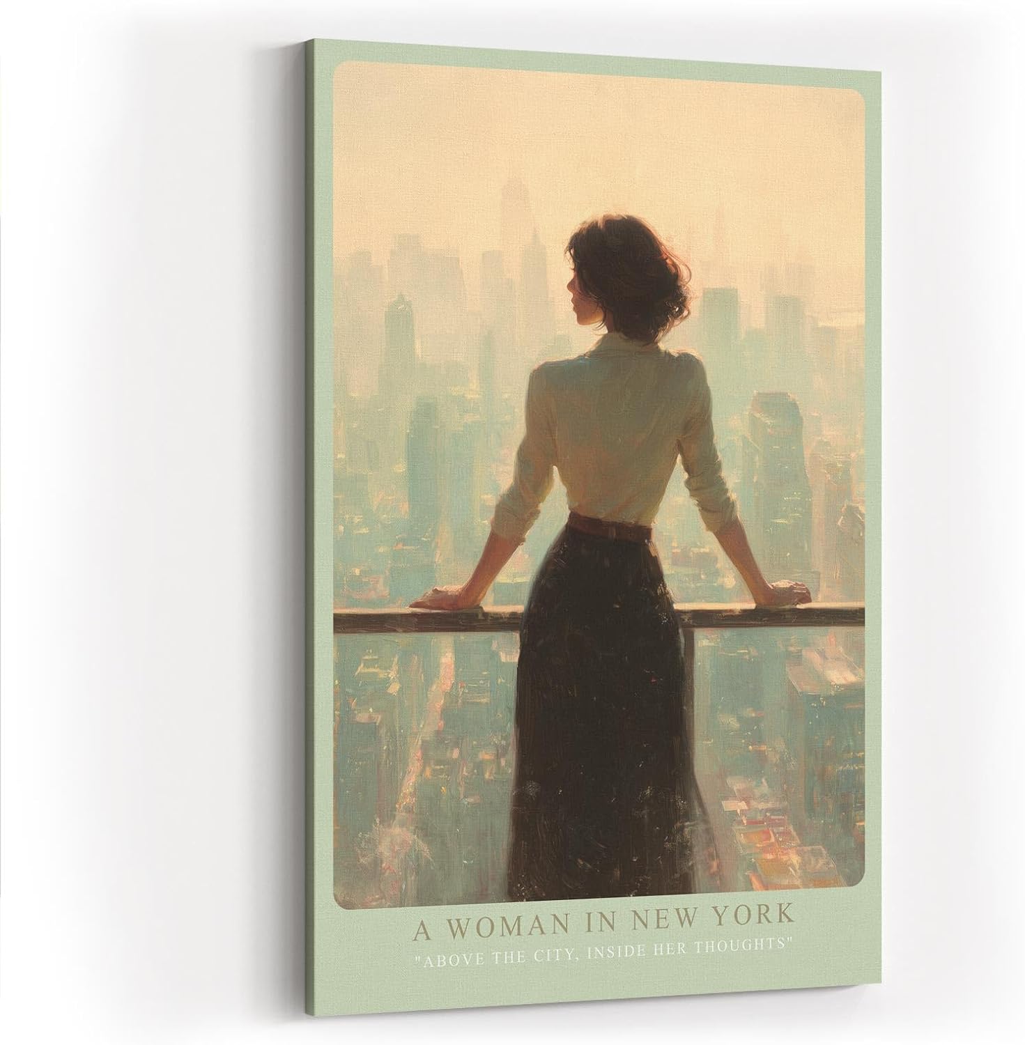 Paul Sinus Wandbild in 40x60cm A Woman in New York – Frau mit Blick auf Skyline im sanften Licht, elegantes Stadtmotiv mit nachdenklicher Stimmung