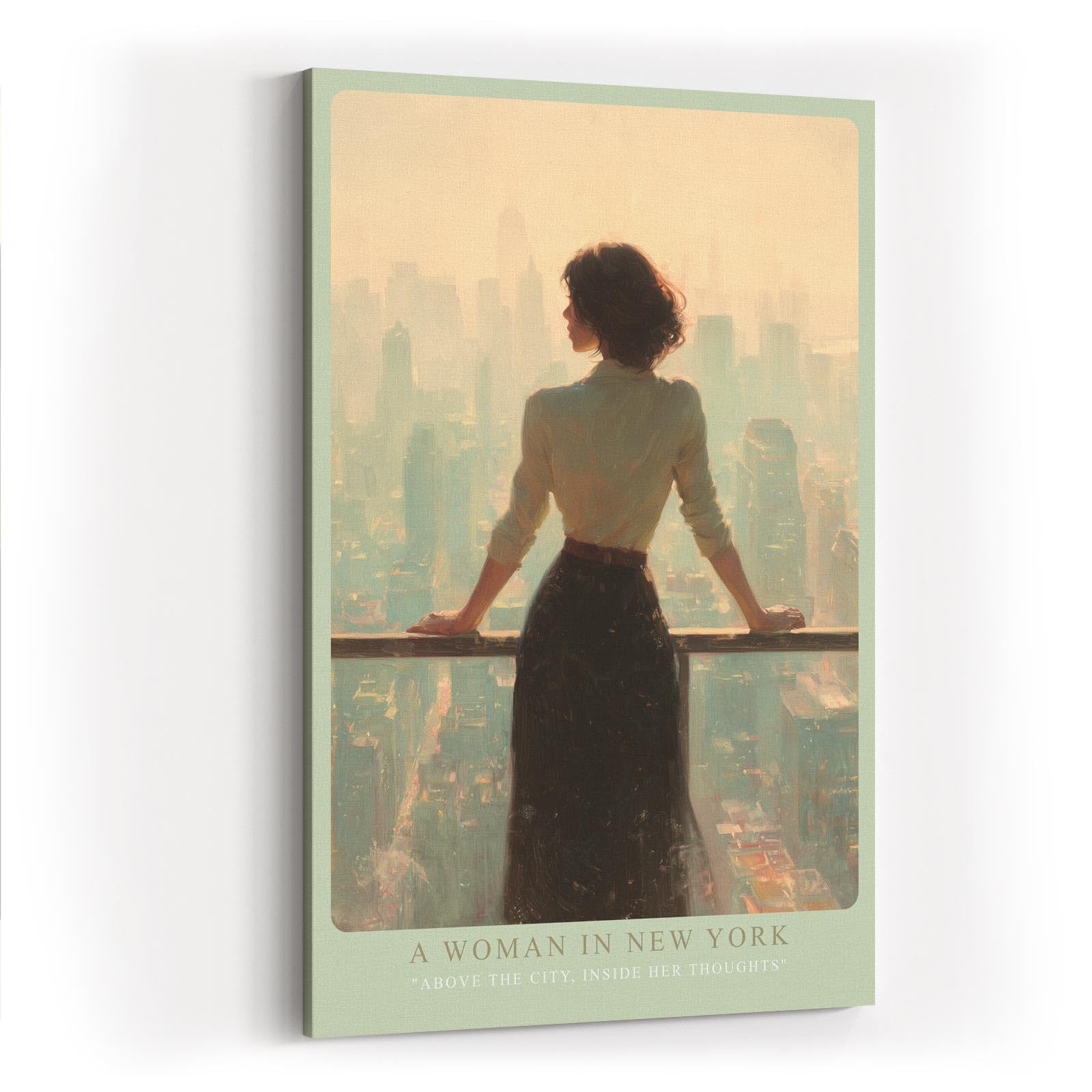 Paul Sinus Wandbild in 40x60cm A Woman in New York – Frau mit Blick auf Skyline im sanften Licht, elegantes Stadtmotiv mit nachdenklicher Stimmung