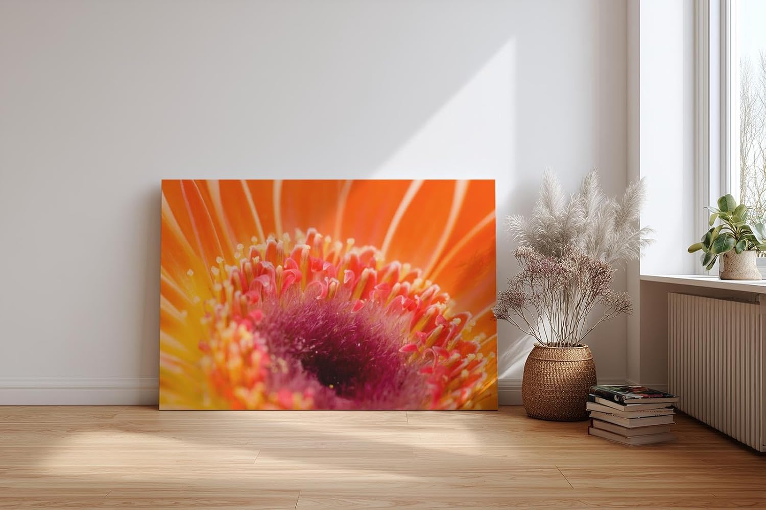 Sinus Art Wandbild 120x80cm Leuchtendes Orange und zartes Pink verschmelzen zu einem floralen Energiezentrum