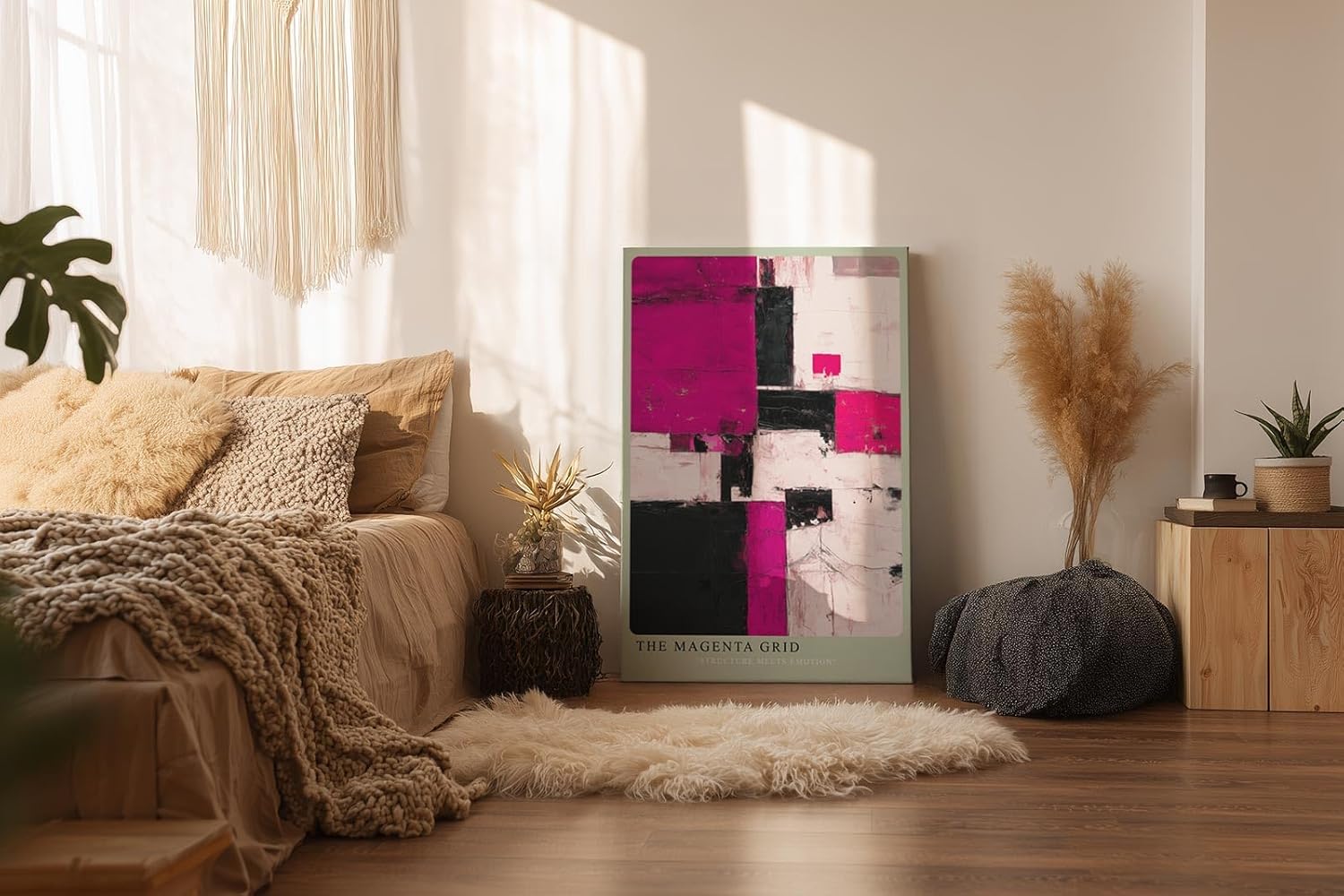 Paul Sinus Wandbild in 40x60cm The Magenta Grid – Strukturiertes abstraktes Kunstwerk in Pink, Schwarz und Weiß mit dynamischer Wirkung