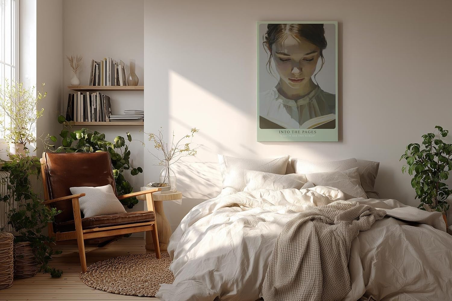 Paul Sinus Wandbild in 40x60cm Into the Pages – Lichtdurchflutetes Porträt einer jungen Frau, vertieft in ein Buch, zeitgenössische Bilder mit sanfter Farbgebung, inspirierend und harmonisch