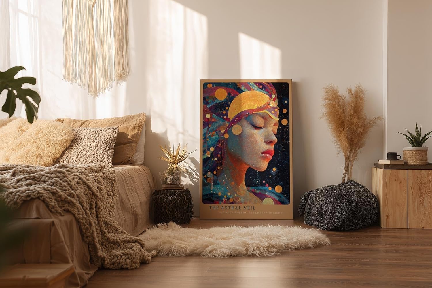 Paul Sinus Wandbild in 40x60cm The Astral Veil Künstlerisches Frauenporträt mit kosmischen Elementen und goldenen Akzenten für mystische Raumgestaltung