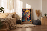 Paul Sinus Wandbild in 40x60cm The Astral Veil Künstlerisches Frauenporträt mit kosmischen Elementen und goldenen Akzenten für mystische Raumgestaltung