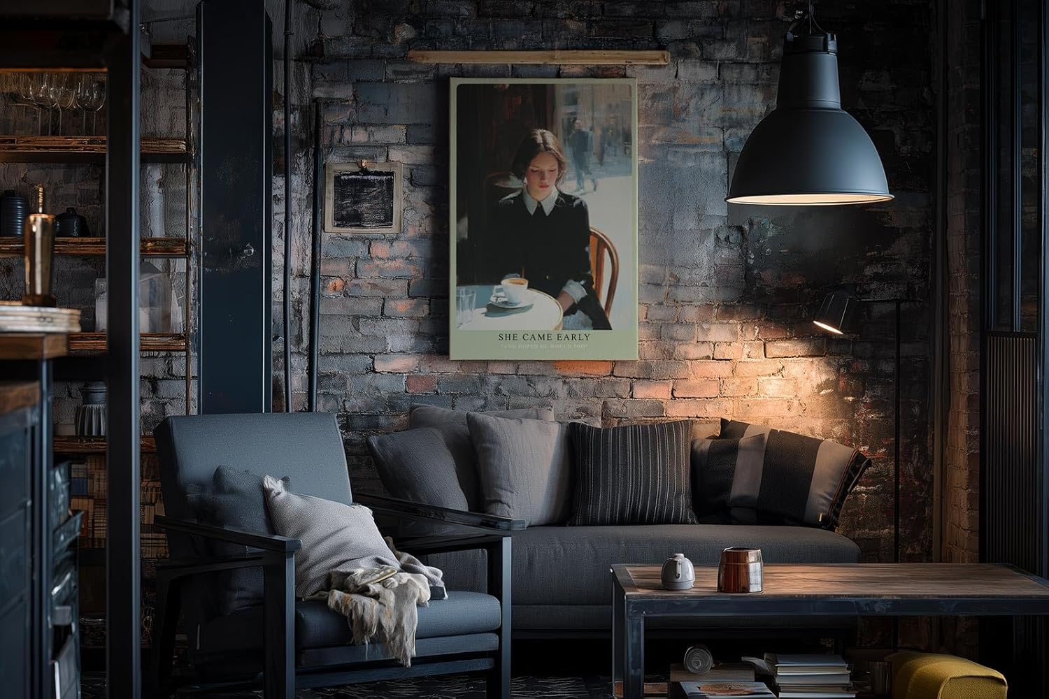 Paul Sinus Wandbild in 40x60cm She Came Early – Zartes Porträt einer Frau am Café-Tisch in Paris, nachdenklich auf ihre Tasse Kaffee blickend, moderne Bilder mit sanften Farbtönen