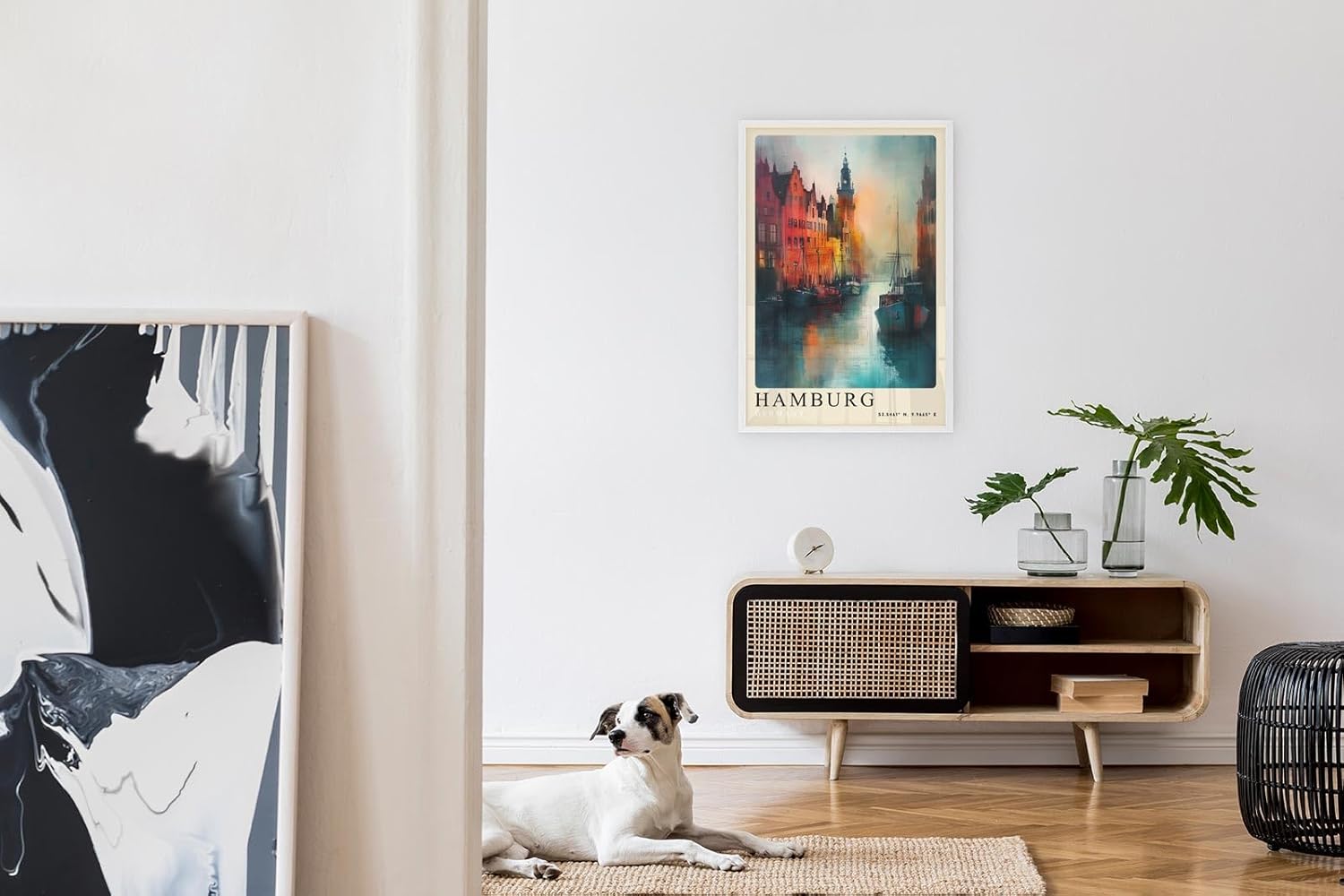 Paul Sinus Leinwandbild 80x120cm Hamburg Harbor Lights – Farbenfrohe Hafenszene mit historischen Gebäuden, Spiegelungen im Wasser