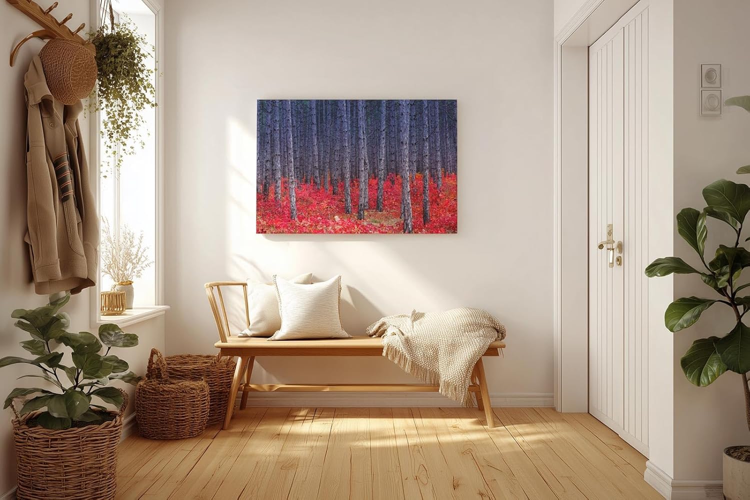 Sinus Art Wandbild 120x80cm Kontrastreiches Bild mit blau-grauen Baumstämmen und leuchtend rotem Waldboden