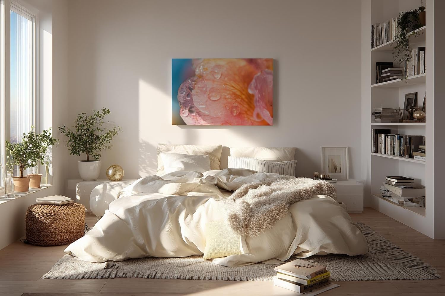 Sinus Art Wandbild 120x80cm Zarte Blütenstruktur mit Wassertropfen in weichem Morgenlicht auf Leinwand fixiert