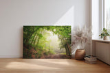 Sinus Art Wandbild 120x80cm Faszinierender Waldweg mit mystischem Nebel für Ruhe und Tiefe in jedem Raum