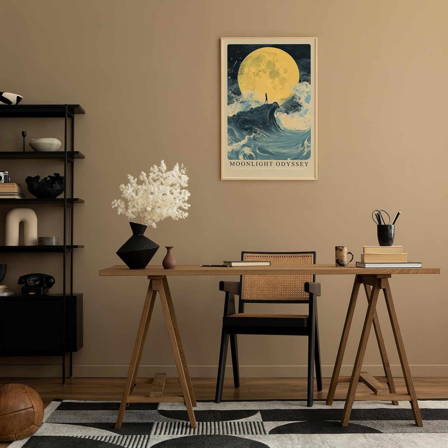 Paul Sinus Leinwandbild 80x120cm Moonlight Odyssey – Mystische Mondszene mit einsamer Silhouette auf einer Welle, umgeben von stürmischem Meer