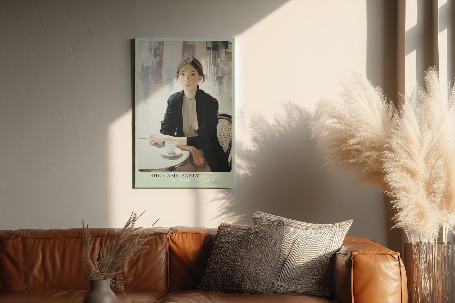 Paul Sinus Wandbild in 40x60cm She Came Early – Elegantes Porträt einer Frau am Café-Tisch, modern interpretiert in Bilder mit hellen, klaren Farbtönen