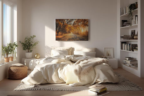 Sinus Art Wandbild 120x80cm Faszinierende Herbstallee mit goldenen Blättern und Lichtspiel in der Natur