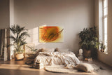 Sinus Art Wandbild 120x80cm Kreisförmige Strukturen in Orange und Gelb mit zentraler schwungvoller schwarzer Linie