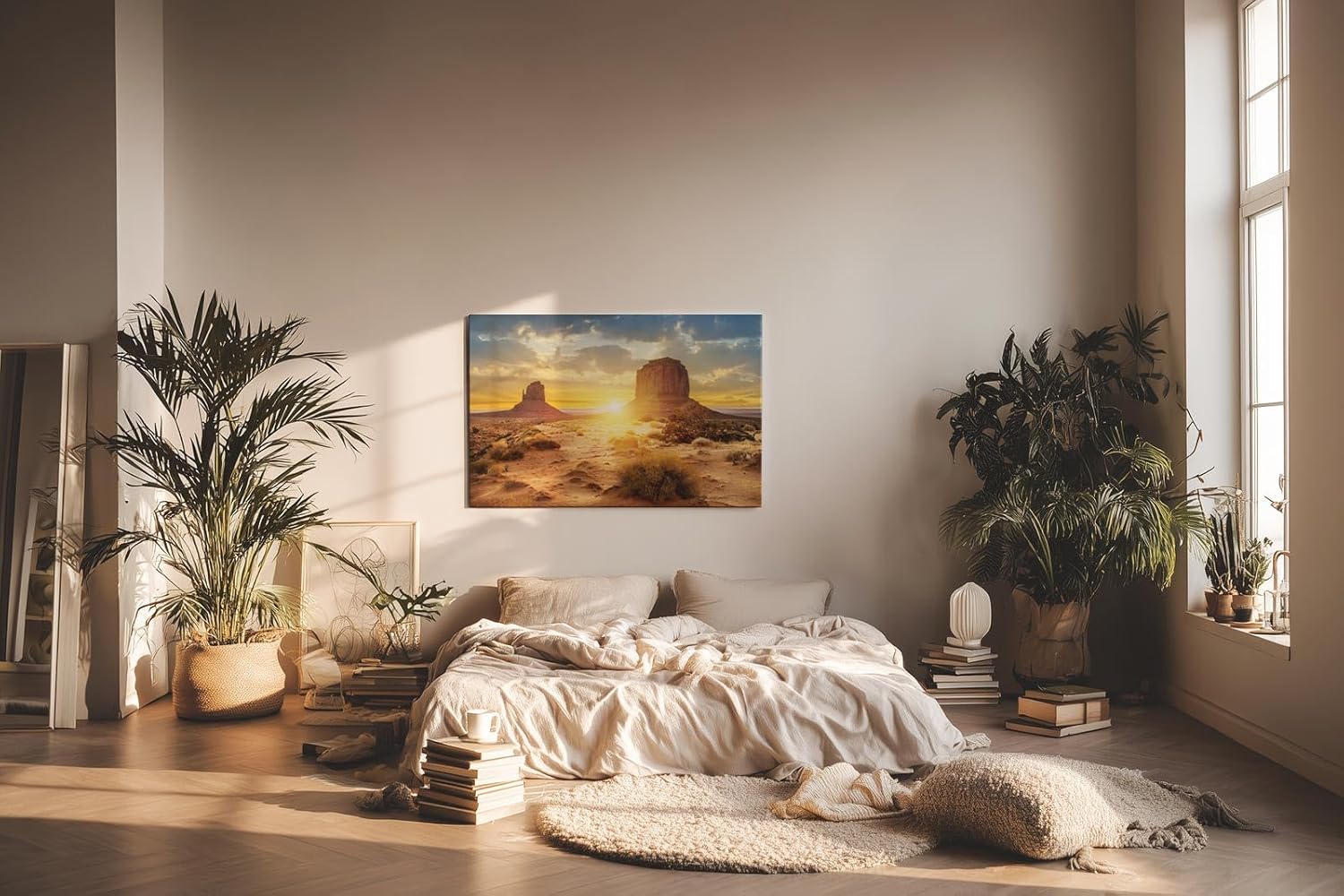 Sinus Art Wandbild 120x80cm Dramatischer Sonnenuntergang mit Wüstenformationen und weitem Himmel