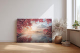 Sinus Art Wandbild 120x80cm Blick auf schneebedeckten Fuji hinter rosa Blüten über stillem Wasser